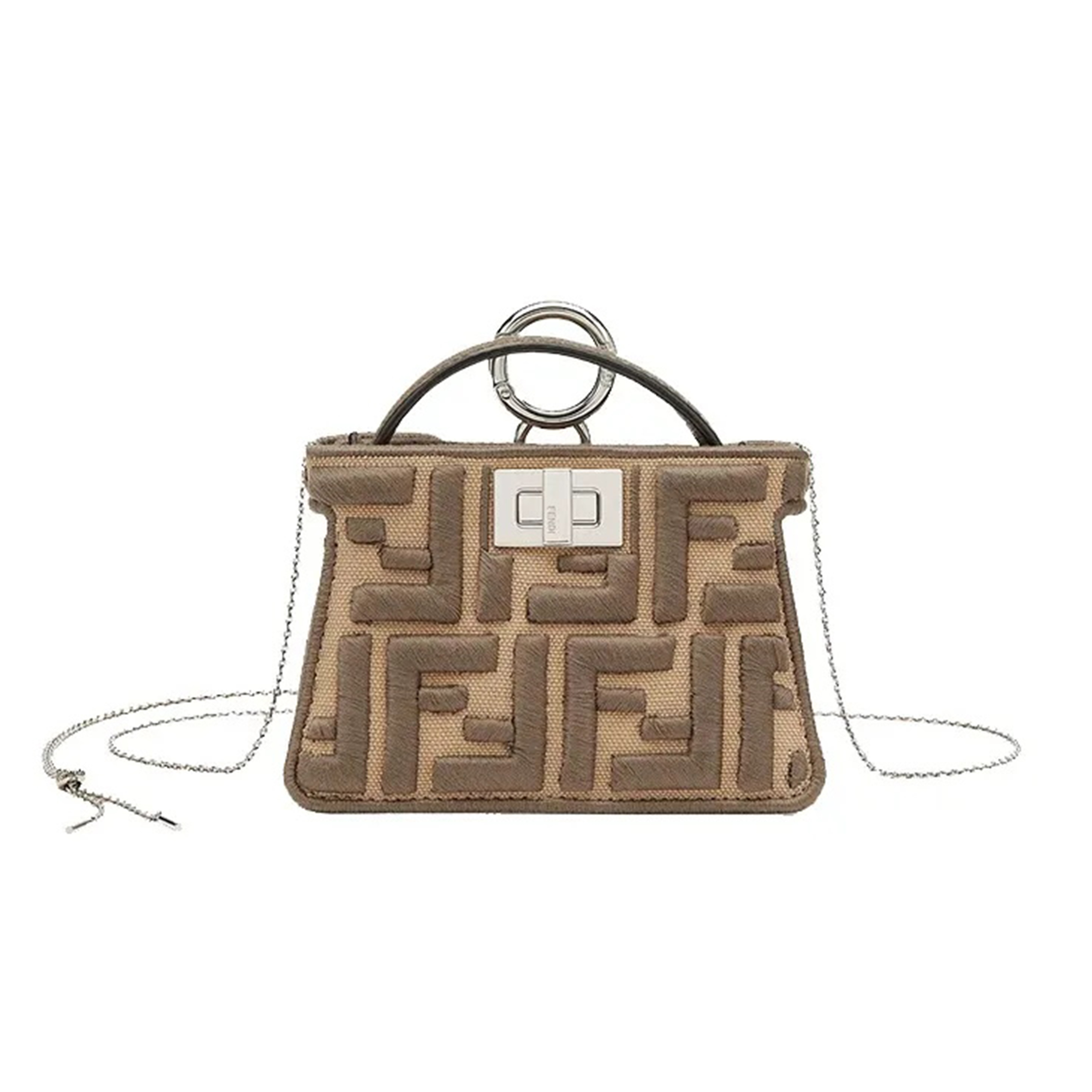 F**di canvas vitello volanato ff embroidered pico peekaboo charm sand tartufo 7ar993ahwgf1f2u (13*10*5cm)